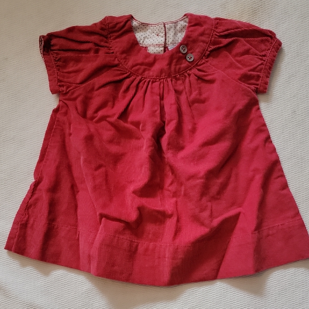 Petit Bateau 6m Corduroy Red Baby Dress with Button Detail